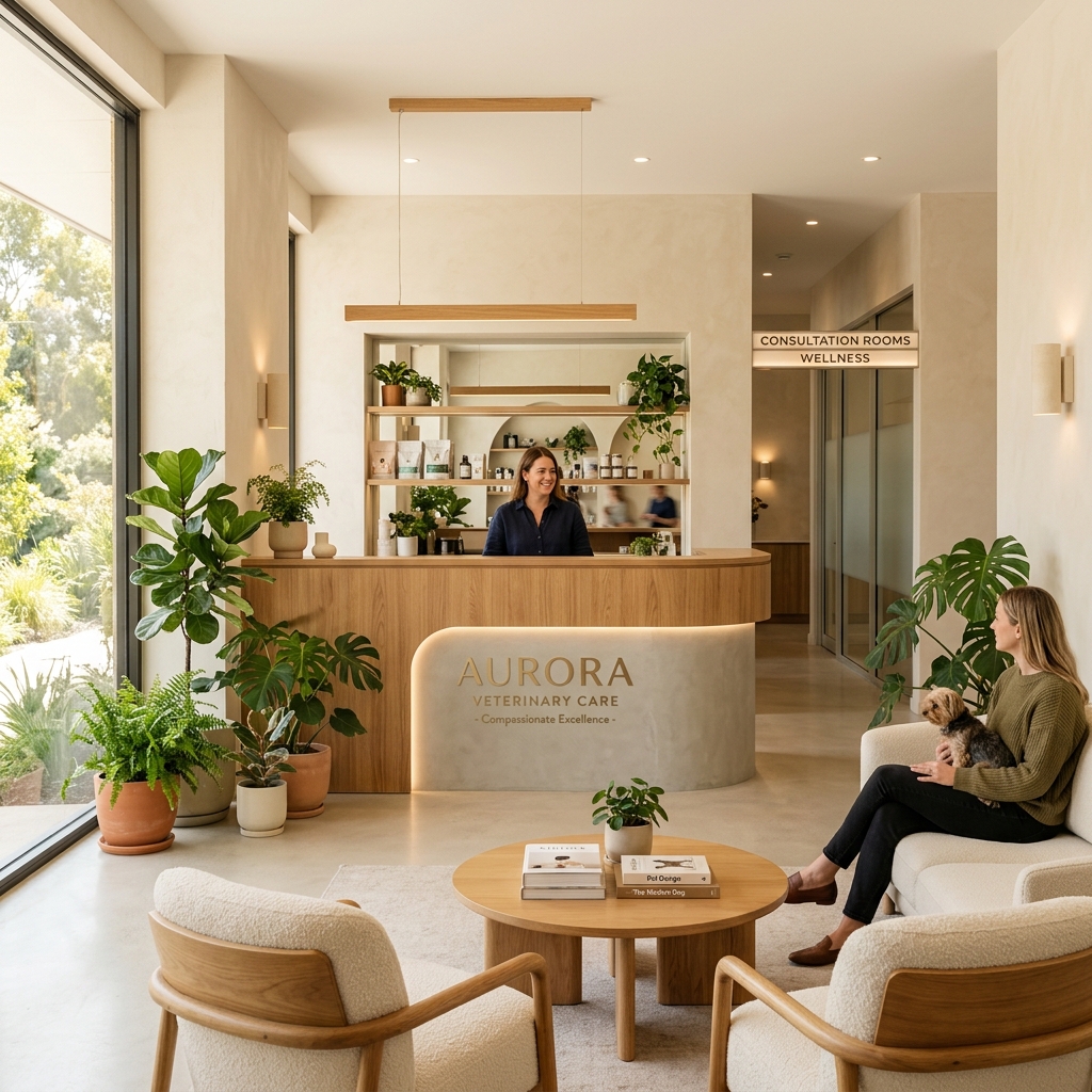 Cozy veterinary clinic reception lobby